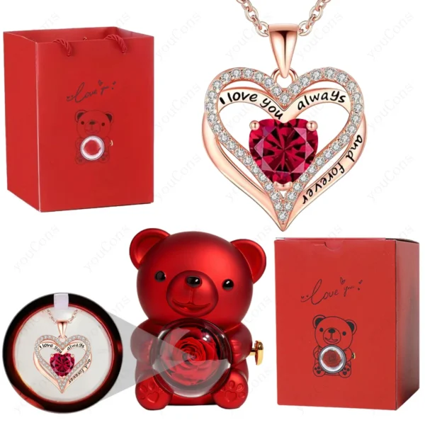 Eternal Red Heart Necklace & Rose Bear Gift Set